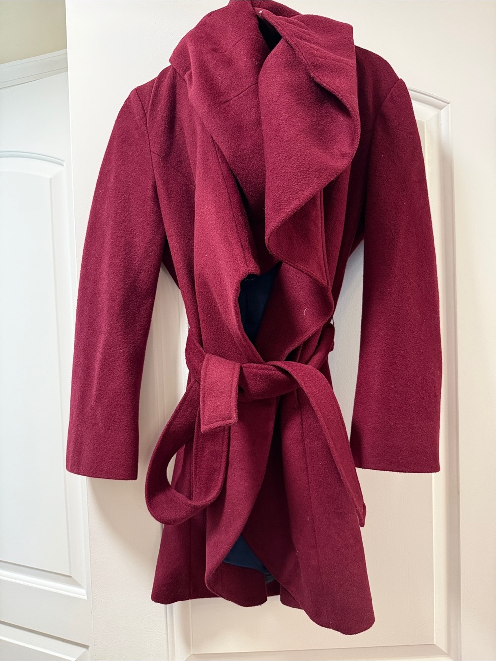 T Tahari Burgundy Wool-Blend Wrap Coat with Tie Belt